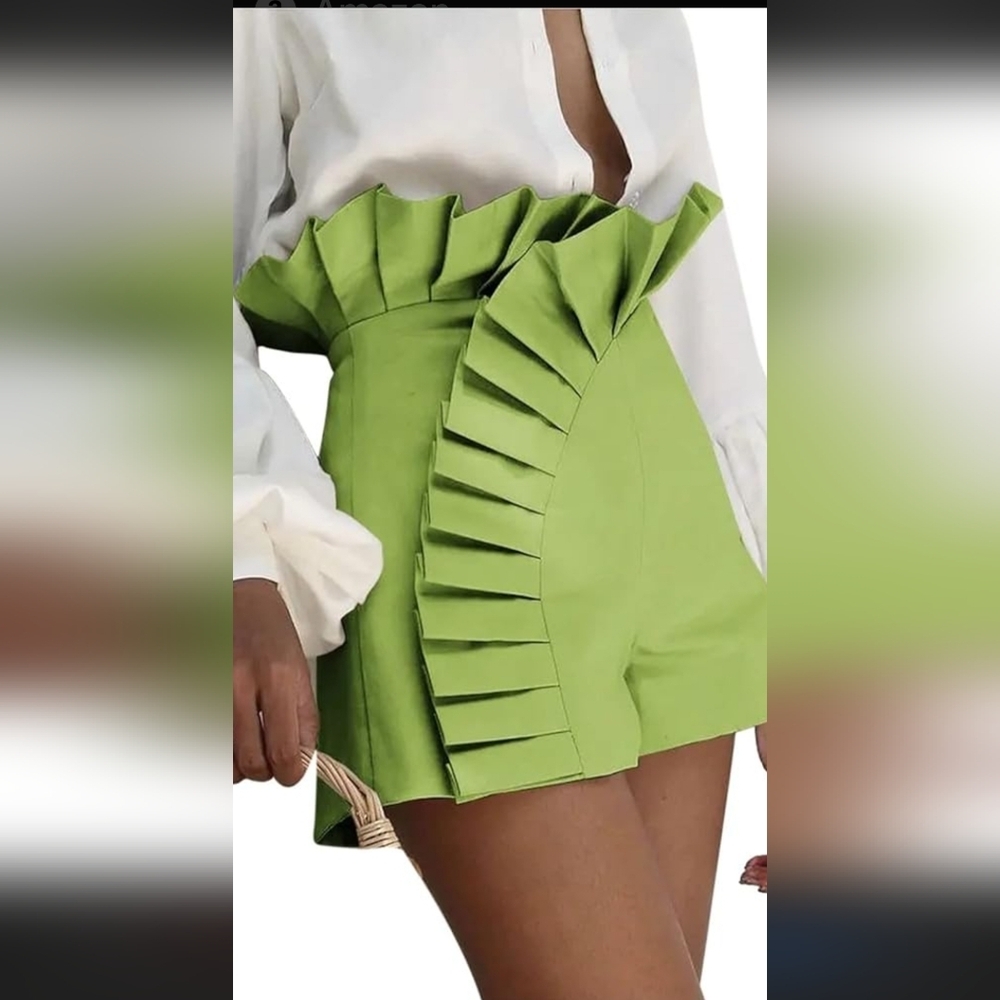 High-Waist Ruffle Detail Women's Shorts - Green